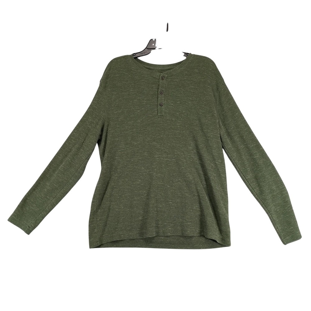 GH Bass Green Henley Shirt Mens L Thermal Long Sleeve Waffle Knit Outdoor Casual
